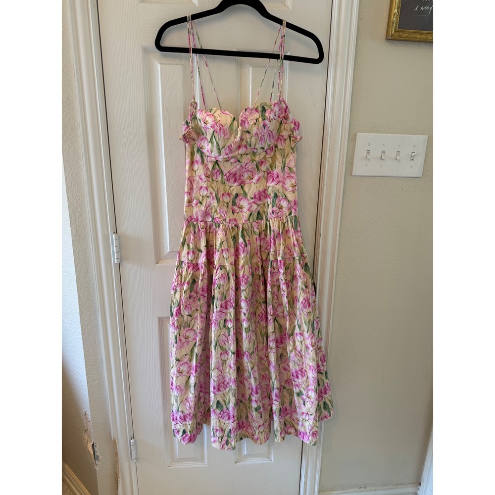 En Saison M Pink Tulip Floral Corset Midi Dress Cottagecore Garden Romantic NWT - Picture 2 of 10